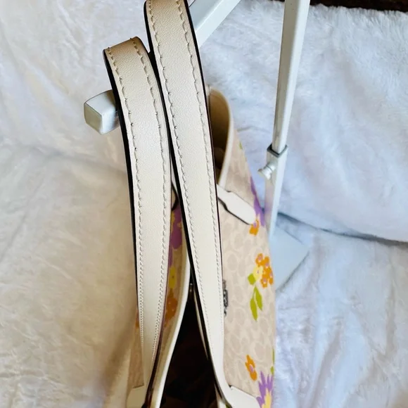 Coach Beige Floral Canvas Tote with Purple and Yellow Flowers - Picture 8 of 10